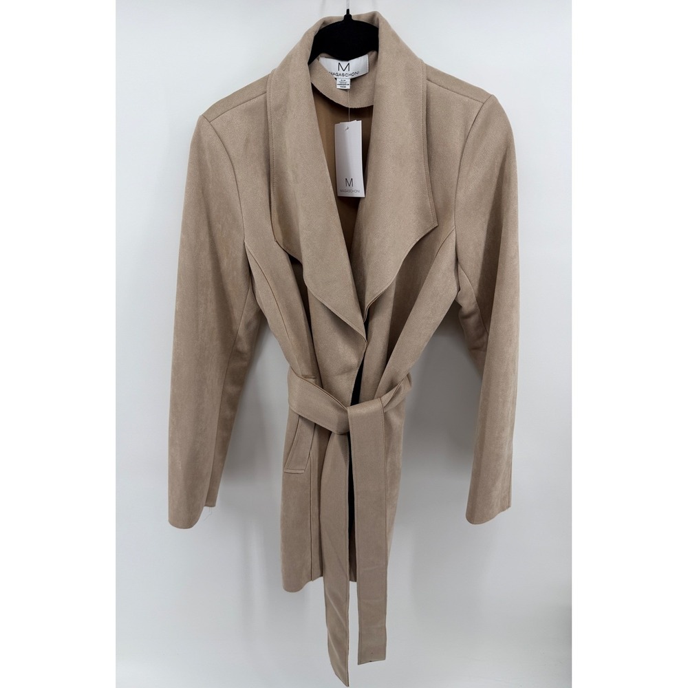 Magaschoni Women Tan Faux Suede Draped Open Front Belted Wrap Coat Jacket Small